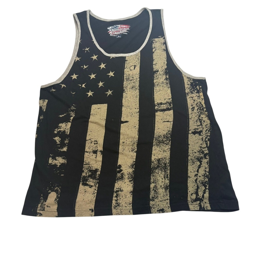 American Garage Tank Top Large Black Tan Distressed American Flag Graphic Mens